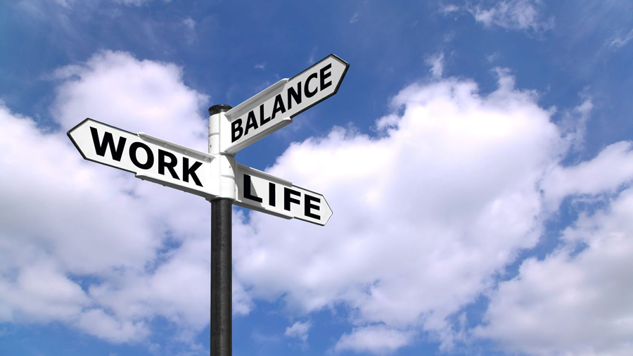 A signpost saying work and life
