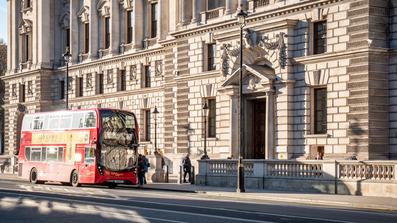 A red bus outside Whitehall