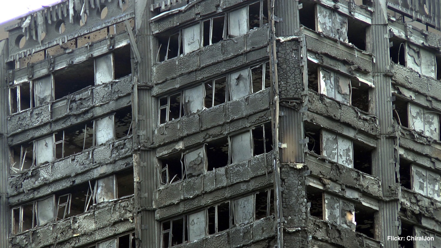 Close up of the gutted Grenfell tower